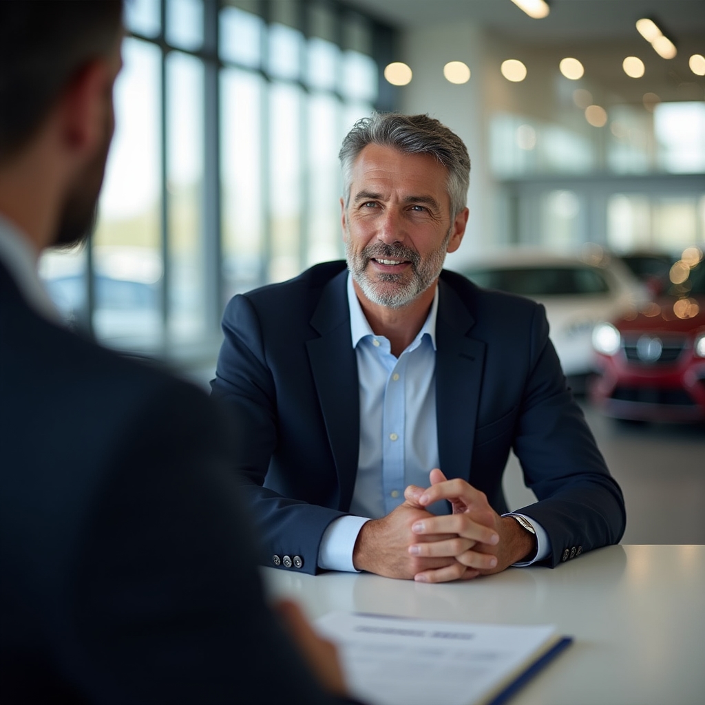 Person im Autohaus im Gespräch mit einem Verkäufer