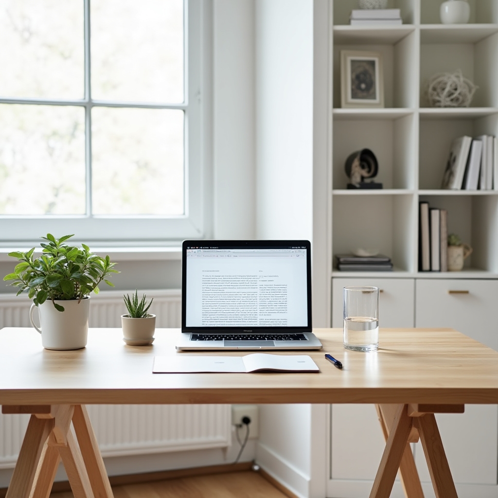Heller Schreibtisch mit Notizbuch und Laptop in einem ruhigen Dresdner Büro