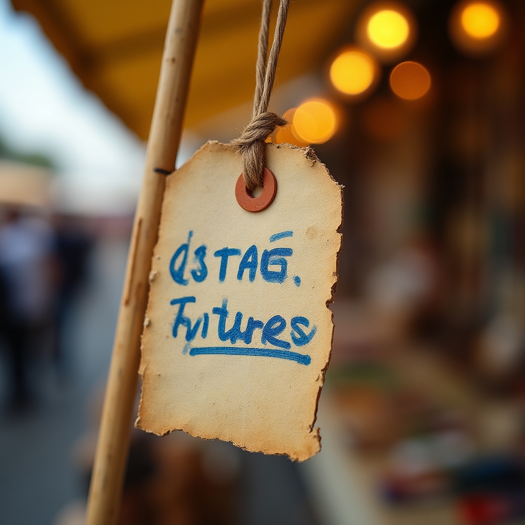 Nahaufnahme eines handgeschriebenen Preisschilds auf einem Flohmarkt